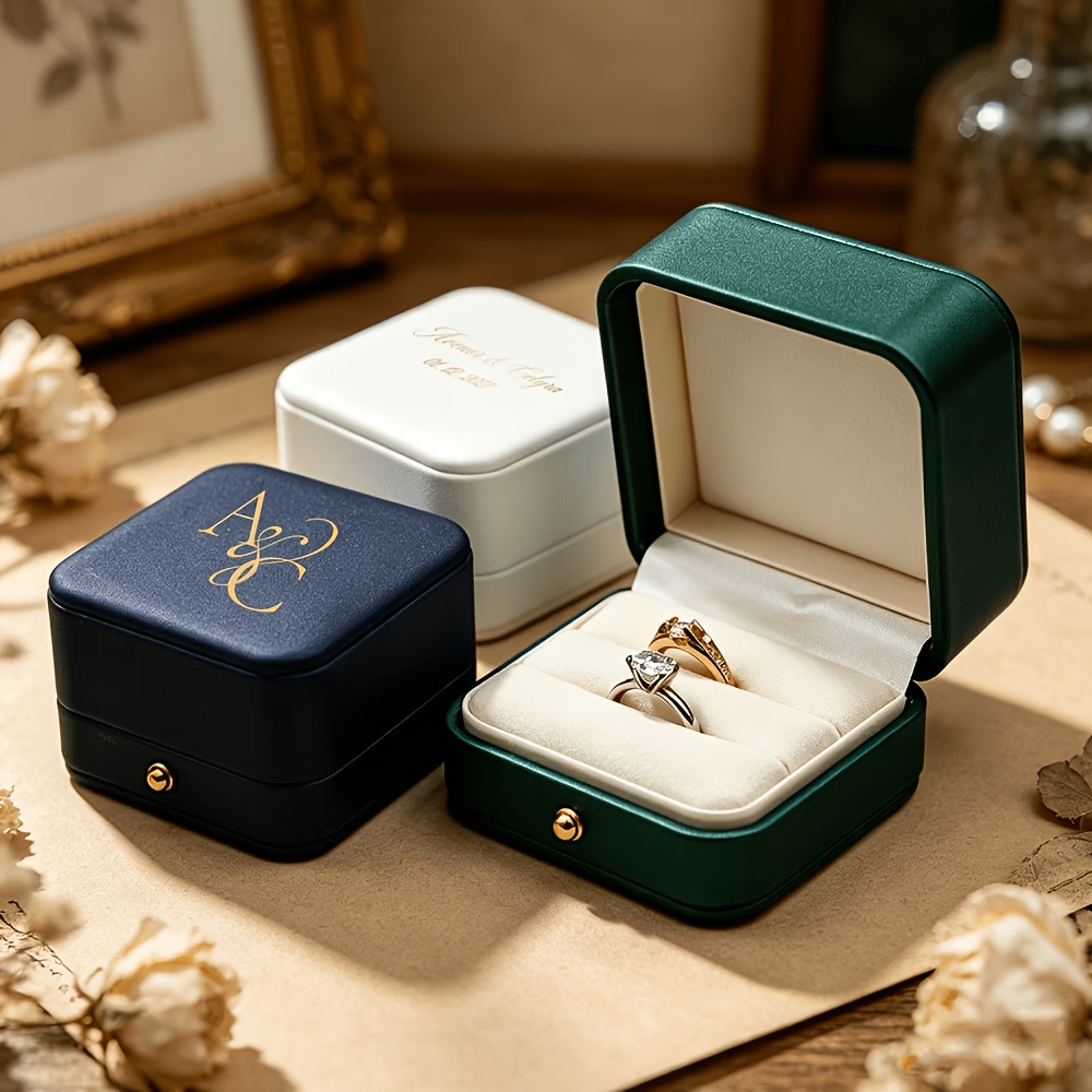 Personalized Retro PU Leather Ring Box, Custom Engagement Organizer
